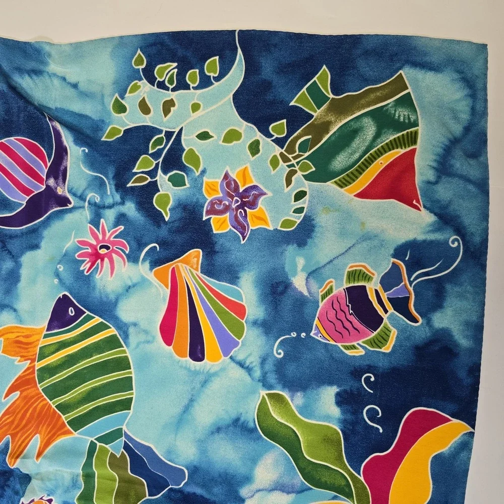 Talbots 100% Silk Scarf Tropical Fish Watercolor Square Hand Rolled Italy *Spots